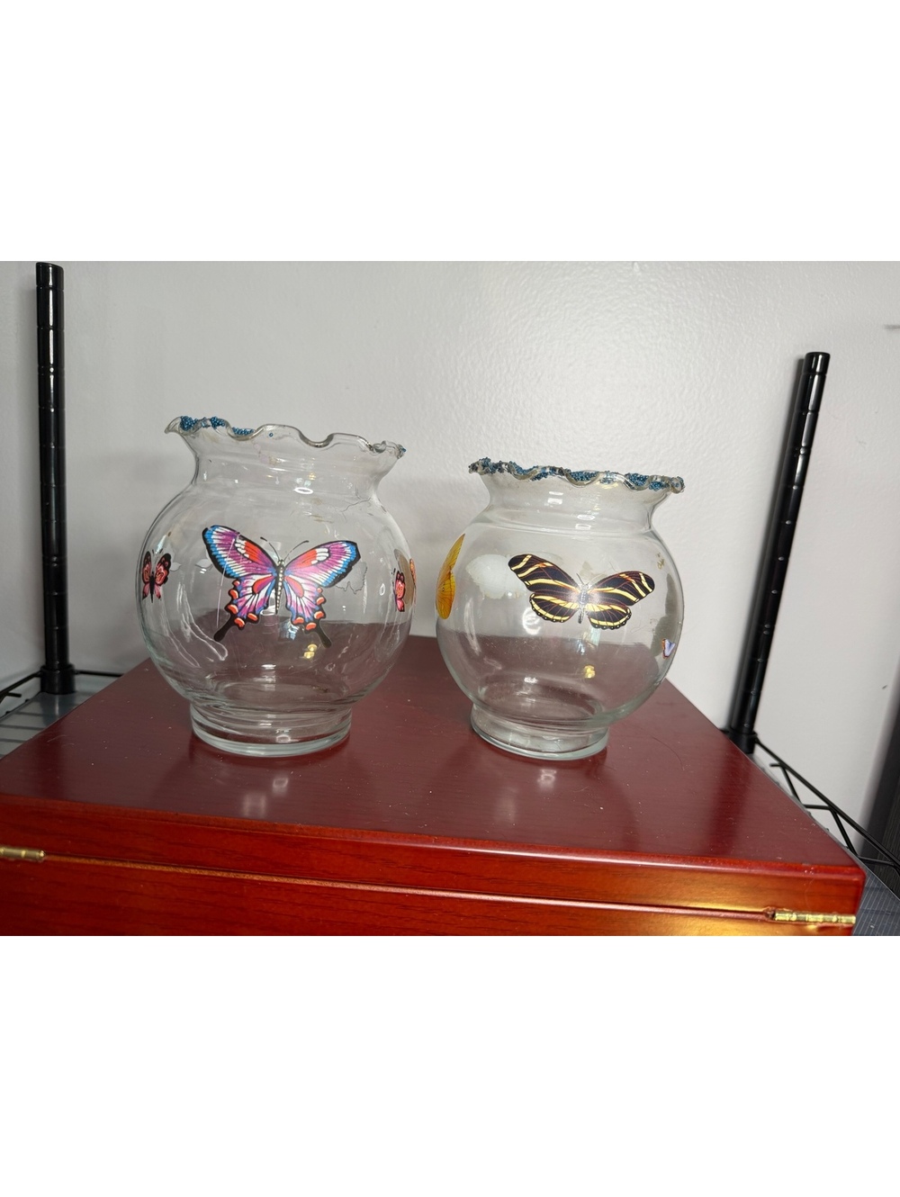 Set of 2 Decorative Glass Butterfly Vases with Scalloped Blue Trim